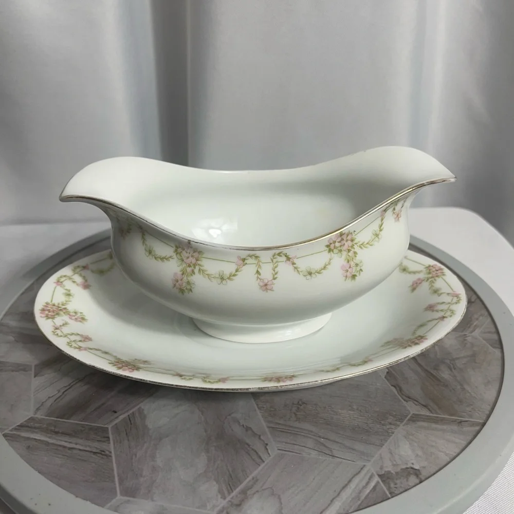 Bavaria Elegant White Delicate Pink Floral Green Garland Gravy Boat with Saucer